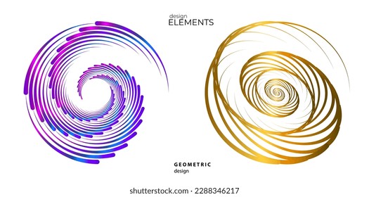Establecer el círculo del elemento de diseño. Anillo dorado de colores vectoriales aislados. Resumen de rayas onduladas de resplandor de muchos deslizadores creados con la herramienta de mezcla. Ilustración vectorial EPS10 para su presentación