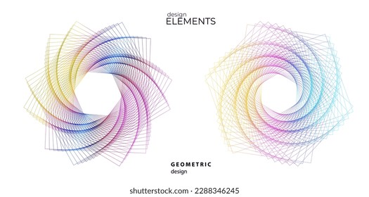 Establecer el círculo del elemento de diseño. Anillo dorado de colores vectoriales aislados. Resumen de rayas onduladas de resplandor de muchos deslizadores creados con la herramienta de mezcla. Ilustración vectorial EPS10 para su presentación