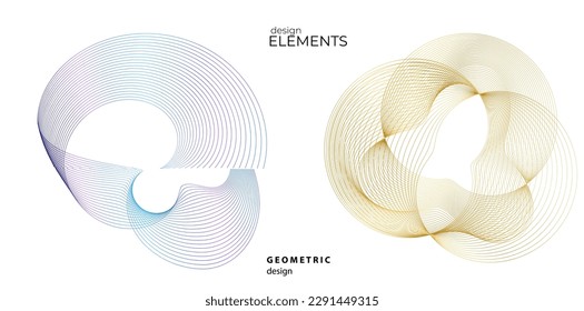 Set design element circle. Isolated bold vector colors golden ring from. Abstract glow wavy stripes of many glittering swirl created using Blend Tool. Vector illustration EPS10 for your presentation