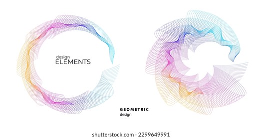 Establecer el círculo del elemento de diseño. Anillo dorado de colores vectoriales aislados. Resumen de rayas onduladas de resplandor de muchos deslizadores creados con la herramienta de mezcla. Ilustración vectorial EPS10 para su presentación