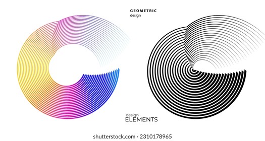 Set design element circle. Isolated bold vector colors golden ring from. Abstract glow wavy stripes of many glittering swirl created using Blend Tool. Vector illustration EPS10 for your presentation