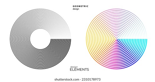 Set design element circle. Isolated bold vector colors golden ring from. Abstract glow wavy stripes of many glittering swirl created using Blend Tool. Vector illustration EPS10 for your presentation