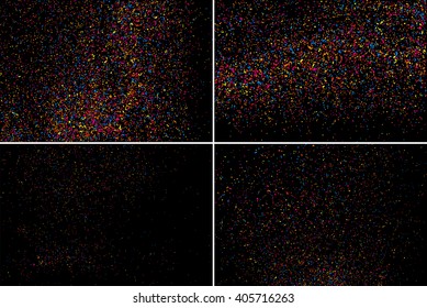 Set design element. Colorful explosion of confetti. Colored stains and blots. Grainy abstract  colorful texture isolated on black background.  Vector illustration,eps 10.