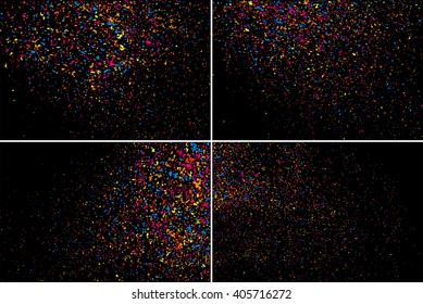 Set design element. Colorful explosion of confetti. Colored stains and blots. Grainy abstract  colorful texture isolated on black background.  Vector illustration,eps 10.