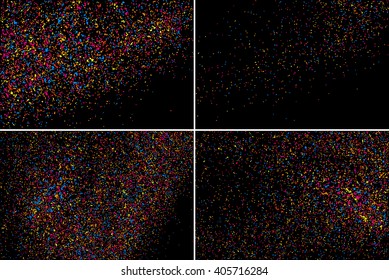Set design element. Colorful explosion of confetti. Colored stains and blots. Grainy abstract  colorful texture isolated on black background.  Vector illustration,eps 10.