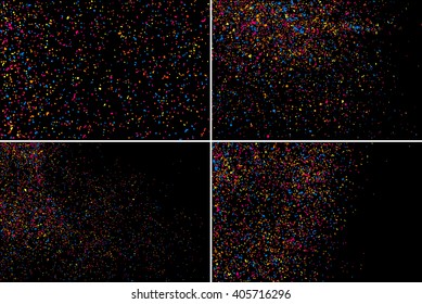 Set design element. Colorful explosion of confetti. Colored stains and blots. Grainy abstract  colorful texture isolated on black background.  Vector illustration,eps 10.