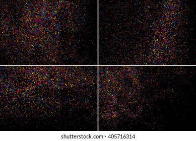 Set design element. Colorful explosion of confetti. Colored stains and blots. Grainy abstract  colorful texture isolated on black background.  Vector illustration,eps 10.