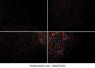 Set design element. Colorful explosion of confetti. Colored stains and blots. Grainy abstract  colorful texture isolated on black background.  Vector illustration,eps 10.