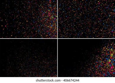 Set design element. Colorful explosion of confetti. Colored stains and blots. Grainy abstract  colorful texture isolated on black background.  Vector illustration,eps 10.