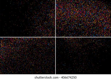 Set design element. Colorful explosion of confetti. Colored stains and blots. Grainy abstract  colorful texture isolated on black background.  Vector illustration,eps 10.