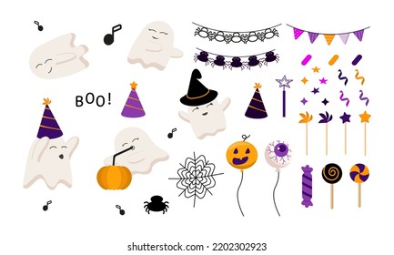 Set design element helloween. For poster, offer, flyer, banner, invitation, greeting card. Isolated white background. Vector. Ghost, balloon, pumpkin, spider,  garland, confetti, lollipops.