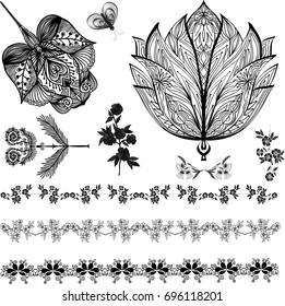Set of design element. Henna tattoo template. Mehndi elements. Decorative, borders, butterfly and floral elements. Vector illustration. Can be used for cards, scrapbook, textile, temporary tattoos.