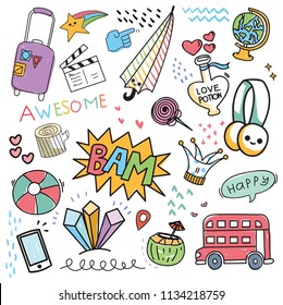 Set of design element and icon in hand drawn doodle style vector illustration