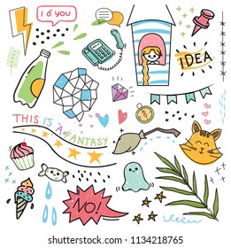 Set of design element and icon in hand drawn doodle style vector illustration