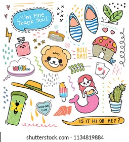 Set of design element and icon in hand drawn doodle style vector illustration