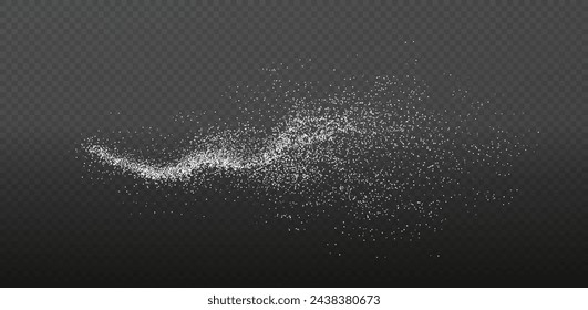 Set Design element for kitchen, bakery, advertising, video. Powder sugar explosion or splash png, falling flour, salt powder falling gently. Top view 3d effect