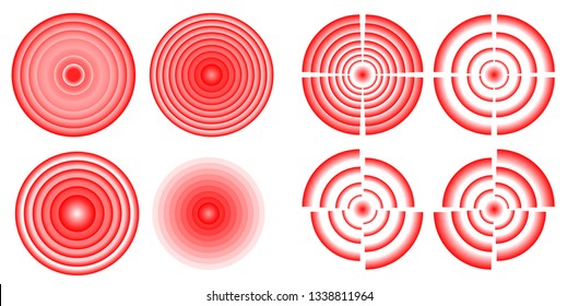 Set Design element many streak. Isolated bold vector red ring from thin to thick. Pain circle. Symbol throbbing pain. Vector illustration EPS 10 for your medical presentation. Transparent background