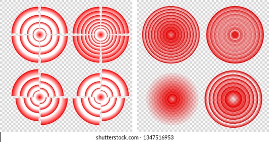 Set Design element many streak. Isolated bold vector red ring from thin to thick. Pain circle. Symbol throbbing pain. Vector illustration EPS 10 for your medical presentation. Transparent background