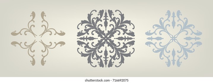 set of design element vectors of fancy symmetrical pattern in dark gray, light blue and brown on neutral off white or beige color background, elegant Victorian wallpaper style decorations