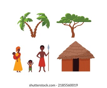 Set von Design-Elementen über Afrika flach Stil, Vektorgrafik einzeln auf weißem Hintergrund. Traditionelle afrikanische Hütte, lokale Familie mit Kindern, Südbäume