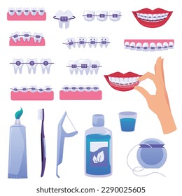 Set of design elements about teeth braces flat style, vector illustration isolated on white background. Cleaning equipment, straight and even teeth, stages of orthodontic treatment, smile