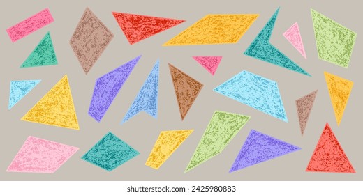 Set of Design Elements Abstract Geometric Shapes of Different Colors. Style of Children's Drawing.  Kit of Textural Drawn of Simple Figures for Universal Application.