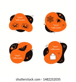 Set of design elements with abstract shapes, pumpkins, bat, ghost, spider web, text Happy Halloween, orange, black. Isolated on white background. Hand drawn vector illustration. Holiday decor concept