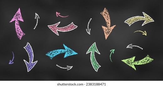 Set of Design Elements Arrows of Different Colors Isolated on Chalkboard Backdrop. Realistic Chalk Drawn Sketch. Kit of Textural Crayon Drawings of Symbols Pointers on Blackboard.