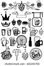 Set of design elements for beer labels. Beer mugs, hops, barrels. Vector illustration