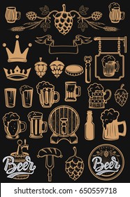 Set of design elements for beer labels. Beer mugs, hops, barrels. Vector illustration
