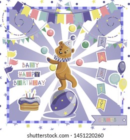 A set of design elements for a birthday party, greeting cards, baby photo album, poster or banner for a circus show . Teddy bear in circus style. Isolated vector objects. Juggler.