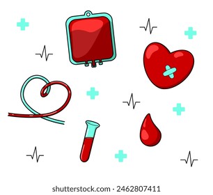 Conjunto de Elementos de diseño. Bolsa de sangre, tubo de transfusión de sangre en forma de corazón, corazón con parche, tubo de ensayo y gota de sangre. Conjunto de iconos de hematología. Día Mundial del Donante de Sangre. Objetos aislados.