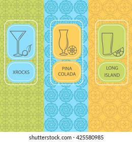 Set of design elements brochures, patterns and icons in trendy linear style for alcoholic, cocktail card. Vector Illustration