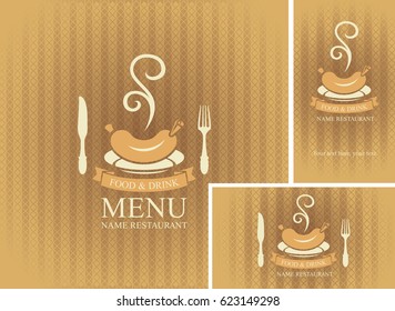 Set of design elements for a cafe or restaurant from the menu and business cards with flatware and hot sausage on beige background