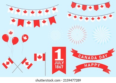 Set of design elements for Canada day, banners, balloons, flags, fireworks 