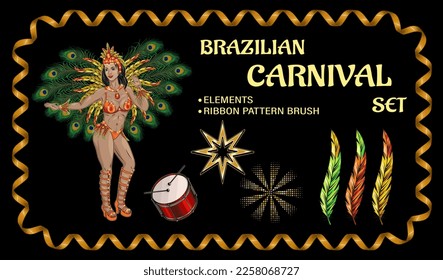 Conjunto de elementos de diseño para decoración de carnaval con samba bailarina latina, tambor, estrellas, plumas, pincel patrón con cintas espirales sobre fondo negro. Imágenes prediseñadas.