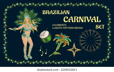 Set of design elements for carnival decoration with white girl dancing samba, drum, stars, feathers, pattern brush with garland lights on black background. Clip art.