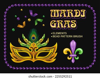 Conjunto de elementos de diseño para la decoración del Mardi Gras carnavalesca con mascarada, símbolo fleur de lis, pincel de patrón con cuentas, confeti, inscripción Mardi Gras. Imágenes prediseñadas.