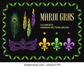 Set of design elements for carnival Mardi Gras decoration with masquerade mask, fleur de lis symbol, feathers with colored tips, pattern brush with spiral ribbons, peacock feather. Clip art.