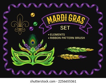 Set of design elements for carnival Mardi Gras decoration with masquerade mask, fleur de lis symbol, feathers, pattern brush with spiral ribbons, inscription Mardi Gras on black background. Clip art.