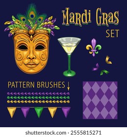 Set of design elements for carnival Mardi Gras events with golden venetian masquerade mask, martini glass, confetti, bead strings, pennant garland, harlequin ornament. Clip art in vintage style.