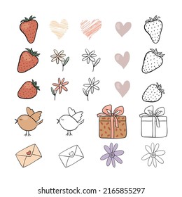 Conjunto de elementos de diseño en dibujos animados y estilo de contorno. Fresas, un corazón, una caja de regalo, flores, un pájaro y una carta de amor.