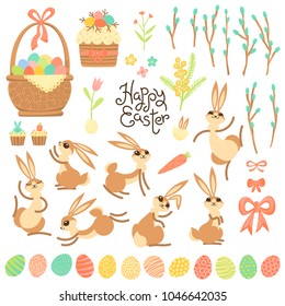 Set of design elements and characters for Happy Easter. Cute Easter bunnies, painted eggs, willow branches, cakes, pie and flowers. Vector illustration.