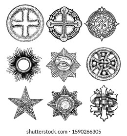 Set of design elements. Christmas and New Year star,  Masonic eye symbol, Circular decorative Christian religion cross design. Golden halo star, angel and saints ring in star shape design element.
