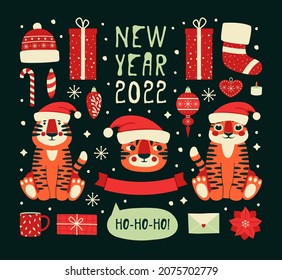 Set design elements for Christmas, New Year 2022 card, merch, stickers, poster. Illustrations of tiger, santa hat, figts, socks, cup, glass toys, ribbon, flower. Vector flat collection.