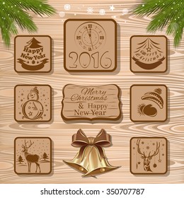 Set of design elements for Christmas and New Year. Christmas vector icons collection on a wooden background. Set 3.