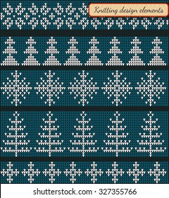 Set of design elements of Christmas star and snowflake, Christmas trees, Fair Pattern sweater design on the wool knitted texture. Knitting Ornament