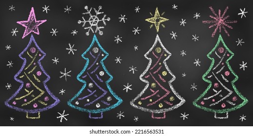 Set of Design Elements Christmas Trees of Different Colors Isolated on Chalkboard. Realistic Chalk Drawn Sketch. Kit of Textural Crayon Drawings of New Year Symbols on Blackboard.