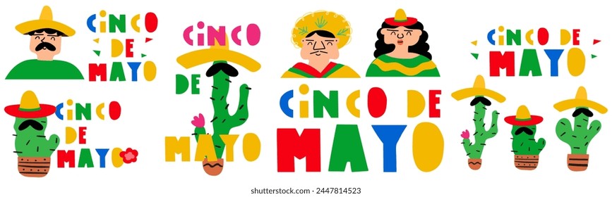 Set of design elements for  Cinco de Mayo. Mexican national holiday. Hand drawn vector illustrations on white background. 