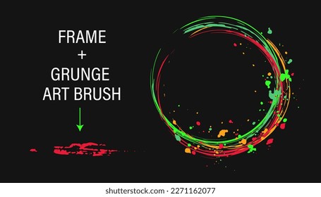 Set of design elements, circular frame, grunge art brush. Circle with copy spase, paint brush strokes, spattered paint of neon bright colors. Virtual surreal clip art